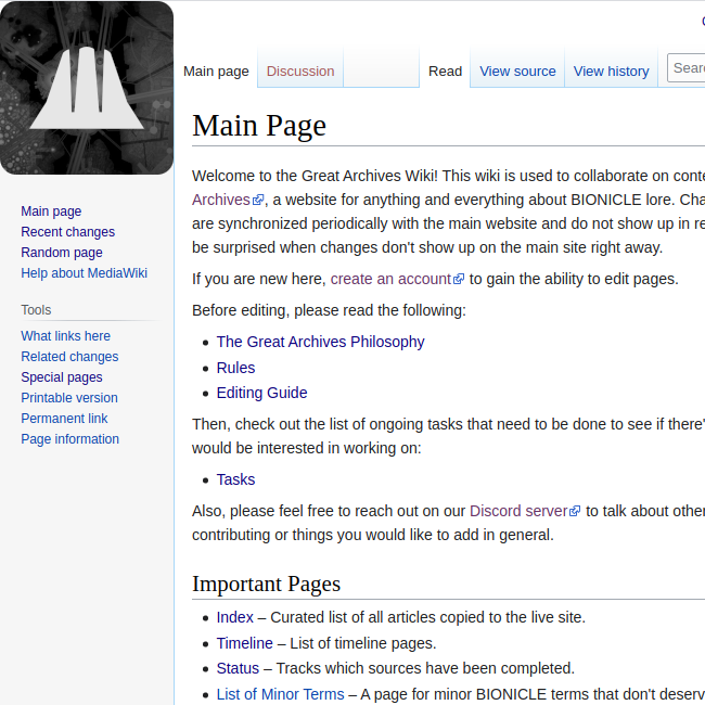 Screenshot of the Great Archives wiki.